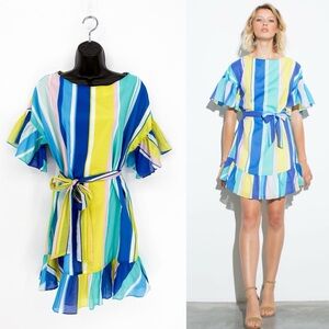 Amanda Uprichard Fairview Striped Sash Ruffle Sleeve Dress Medium
